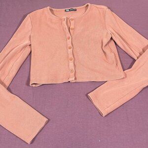 Zara Cropped Long Sleeve Ribbed Button Down Shirt in Orange/Rust - Size Small